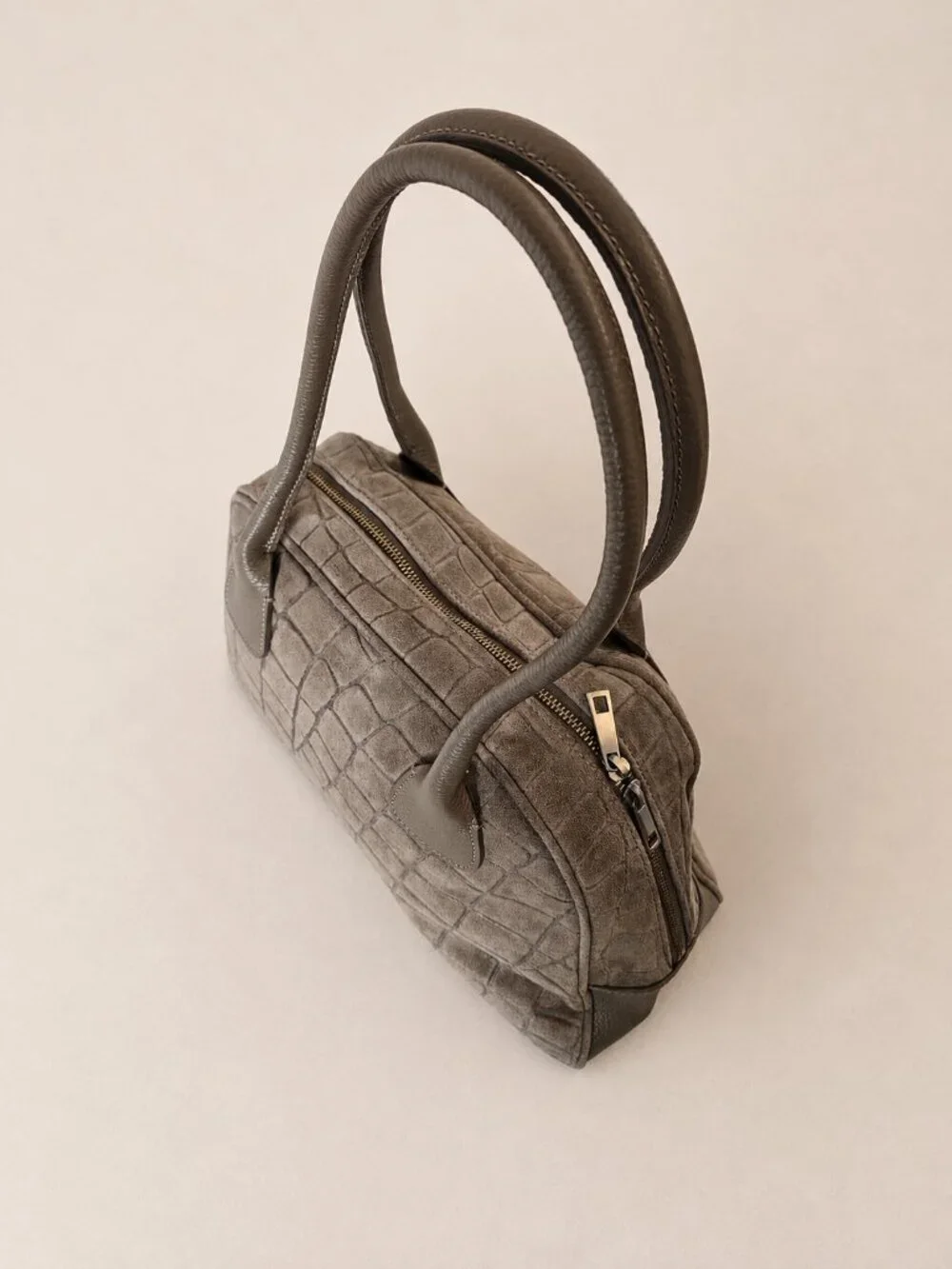 Taupe Italian Leather & Croc-Embossed Suede Shoulder Bag – Large Dome Handbag